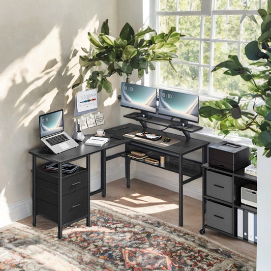 L-Shaped Computer Desk with LED Lights & Power Outlets, Gaming Desk with Monitor Stand & 2 Drawers, Corner Desk for Home Office, Ebony Black