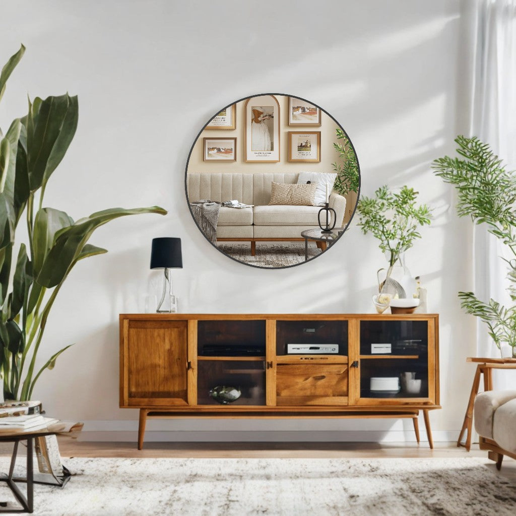 30" Round Bathroom Mirror, Large Black Circle Wall Mirror with Metal Frame, for Bathroom Over Sink, Living Room, Entryway, Ink Black