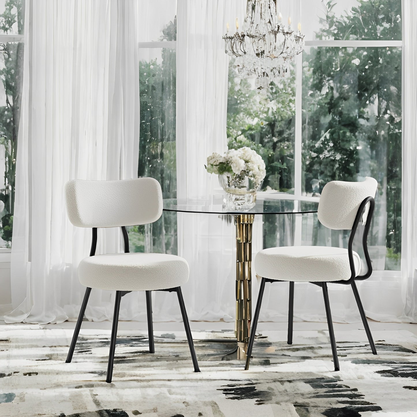 LEDREM 2-Pack Boucle Dining Chairs - Modern Curved Backrest, 265lb Capacity, Adjustable Feet, Quick Assembly, Cream White