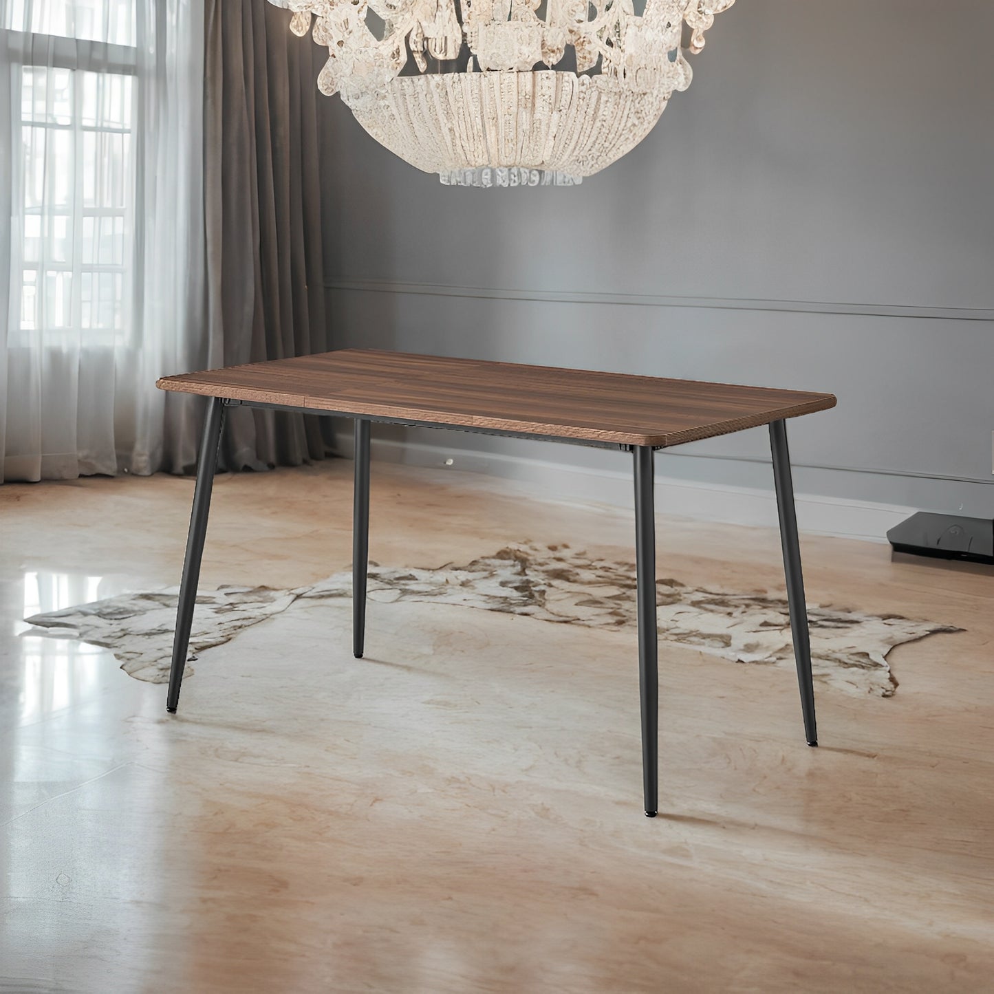 LEDREM Farmhouse Dining Table for 6 - Heat/Scratch Resistant, Quick 15-Min Assembly, Steel Legs, 55"L, Walnut and Black