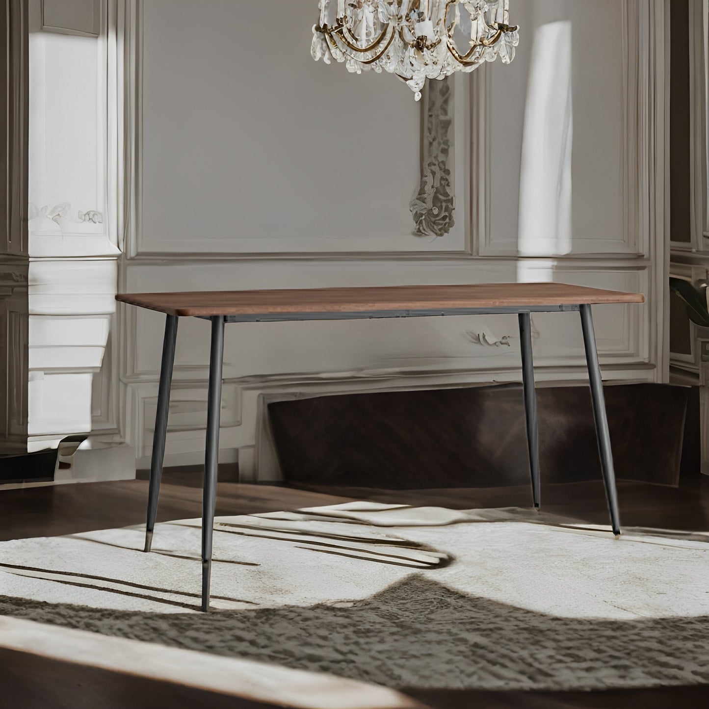 LEDREM Farmhouse Dining Table for 6 - Heat/Scratch Resistant, Quick 15-Min Assembly, Steel Legs, 55"L, Walnut and Black