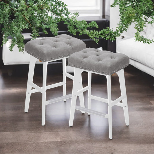 LEDREM 2-Pack Counter Stools - Upholstered PU Leather Seat, 265lb Capacity, Wood Legs, Footrest, Easy Assembly, Dove Gray