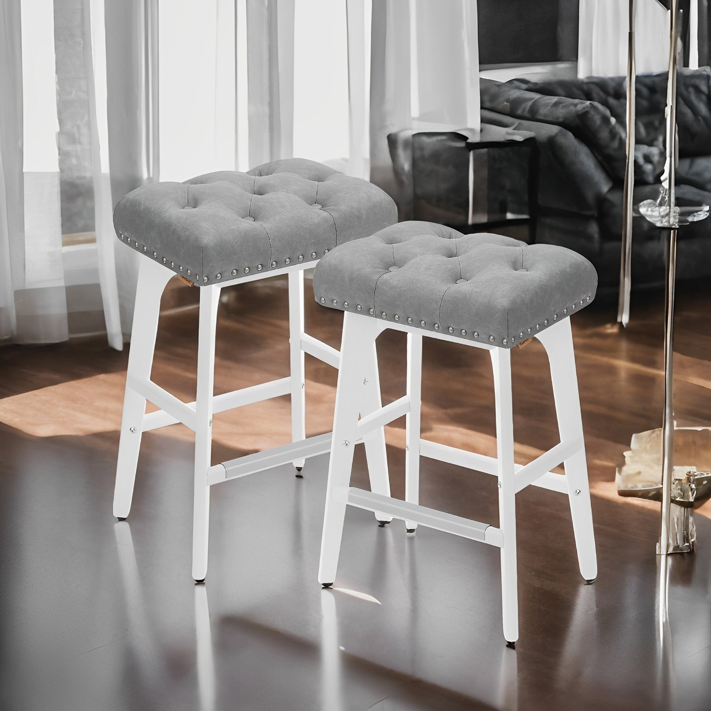 LEDREM 2-Pack Counter Stools - Upholstered PU Leather Seat, 265lb Capacity, Wood Legs, Footrest, Easy Assembly, Dove Gray