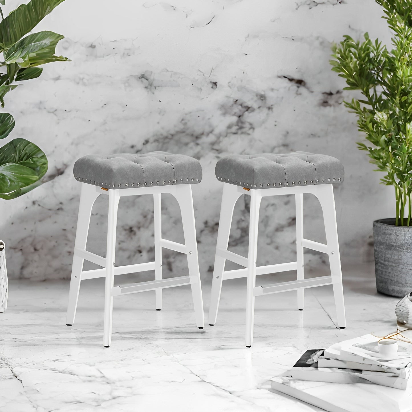 LEDREM 2-Pack Counter Stools - Upholstered PU Leather Seat, 265lb Capacity, Wood Legs, Footrest, Easy Assembly, Dove Gray