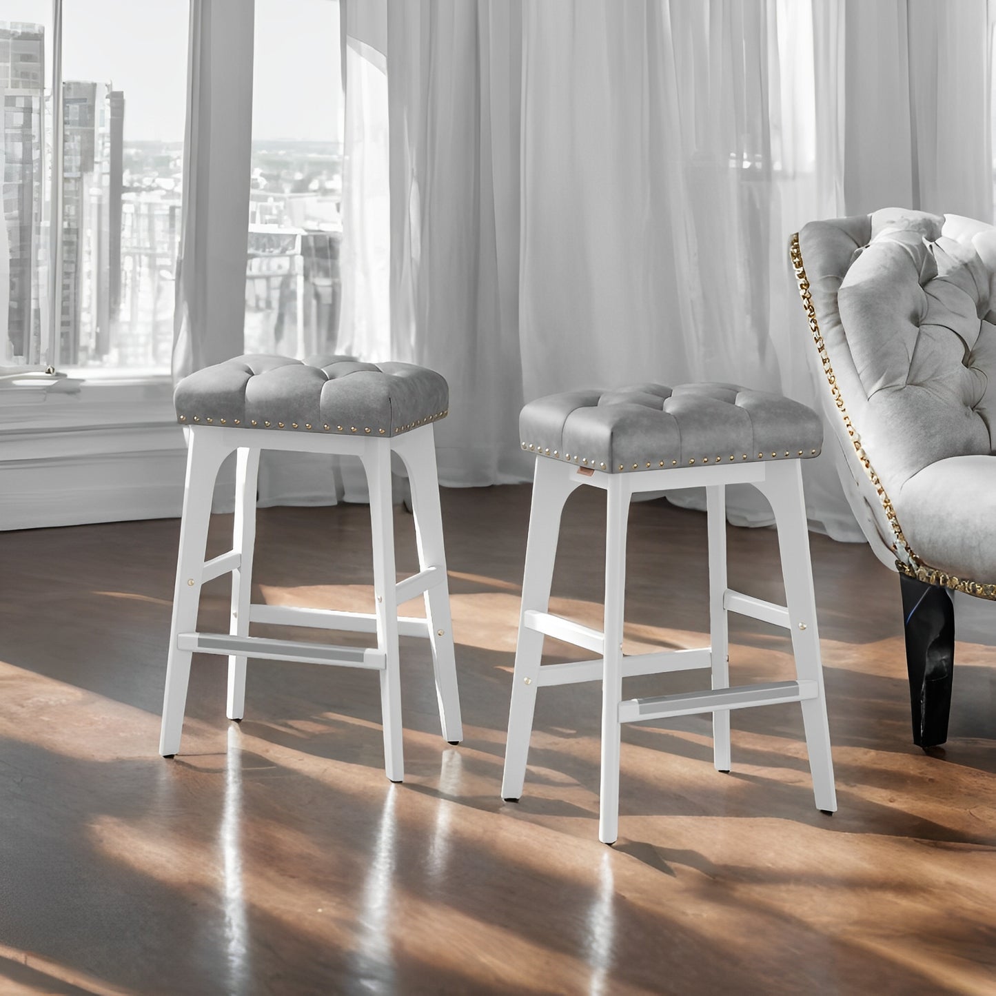 LEDREM 2-Pack Counter Stools - Upholstered PU Leather Seat, 265lb Capacity, Wood Legs, Footrest, Easy Assembly, Dove Gray