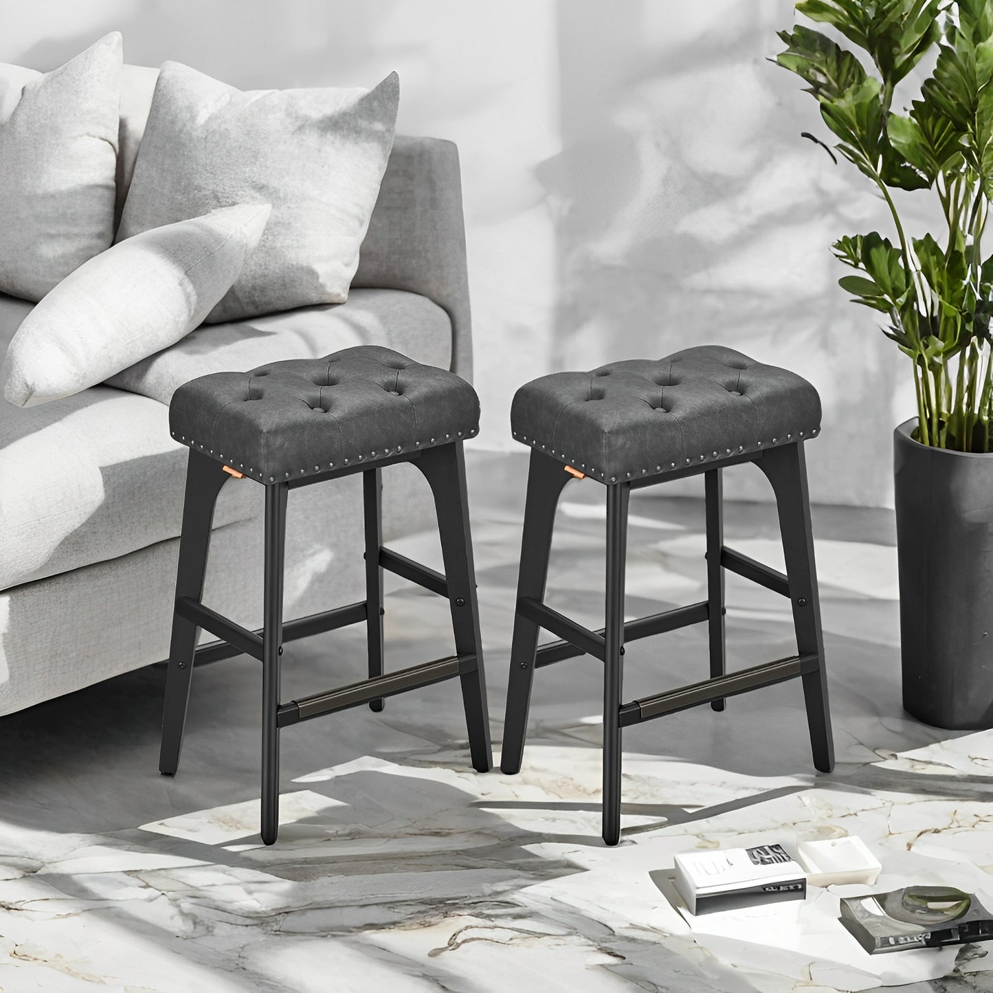 LEDREM 2-Pack Counter Height Bar Stools - PU Leather Upholstered, 265lb Capacity, Solid Wood Legs, Quick Assembly, Ink Black