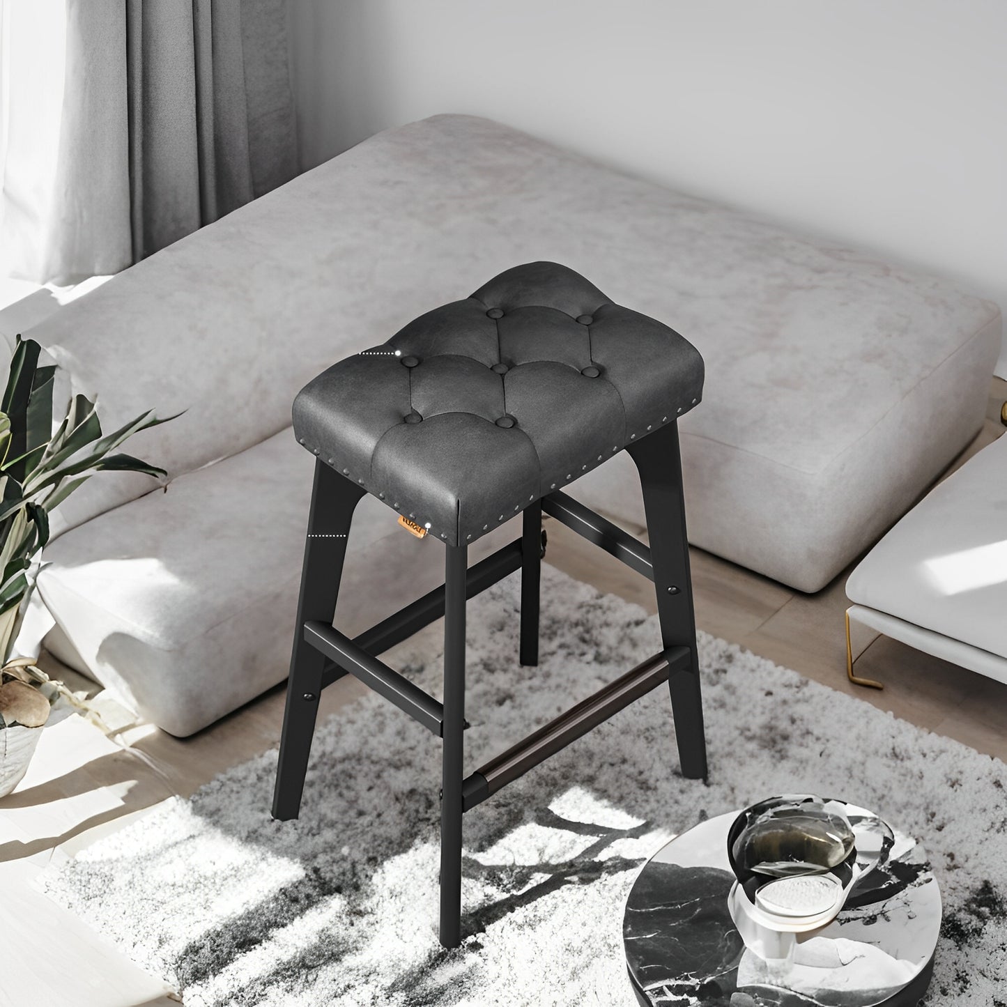 LEDREM 2-Pack Counter Height Bar Stools - PU Leather Upholstered, 265lb Capacity, Solid Wood Legs, Quick Assembly, Ink Black