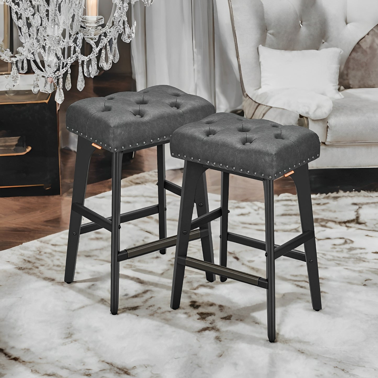 LEDREM 2-Pack Counter Height Bar Stools - PU Leather Upholstered, 265lb Capacity, Solid Wood Legs, Quick Assembly, Ink Black