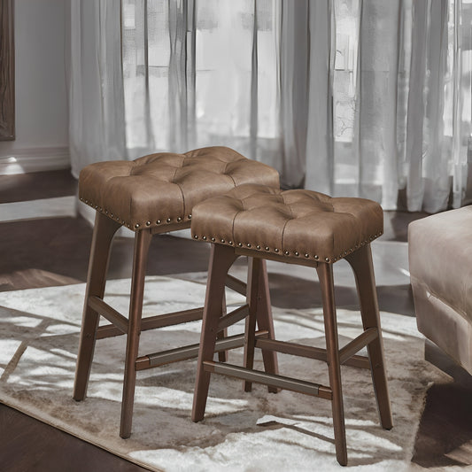 LEDREM Counter Height Bar Stools Set of 2 - 26" Backless PU Leather Stools with Wood Legs & Footrest, for Kitchen Island & Dining, Coffee Brown