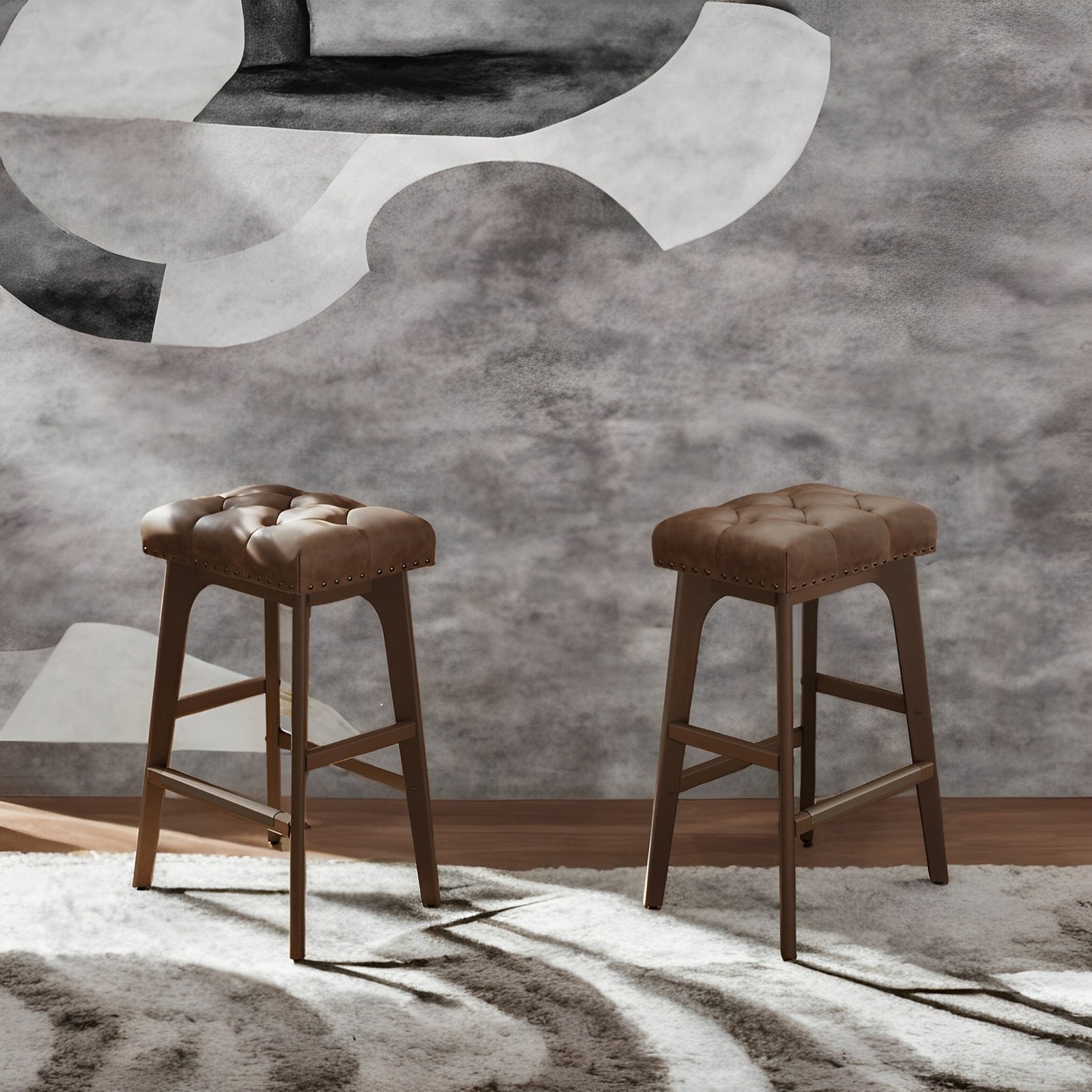 LEDREM Counter Height Bar Stools Set of 2 - 26" Backless PU Leather Stools with Wood Legs & Footrest, for Kitchen Island & Dining, Coffee Brown