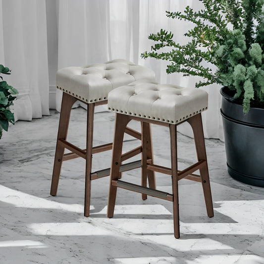LEDREM Counter Height Bar Stools Set of 2 - 26" Backless PU Leather Stools with Wood Legs & Footrest, for Kitchen Island & Dining, Taupe