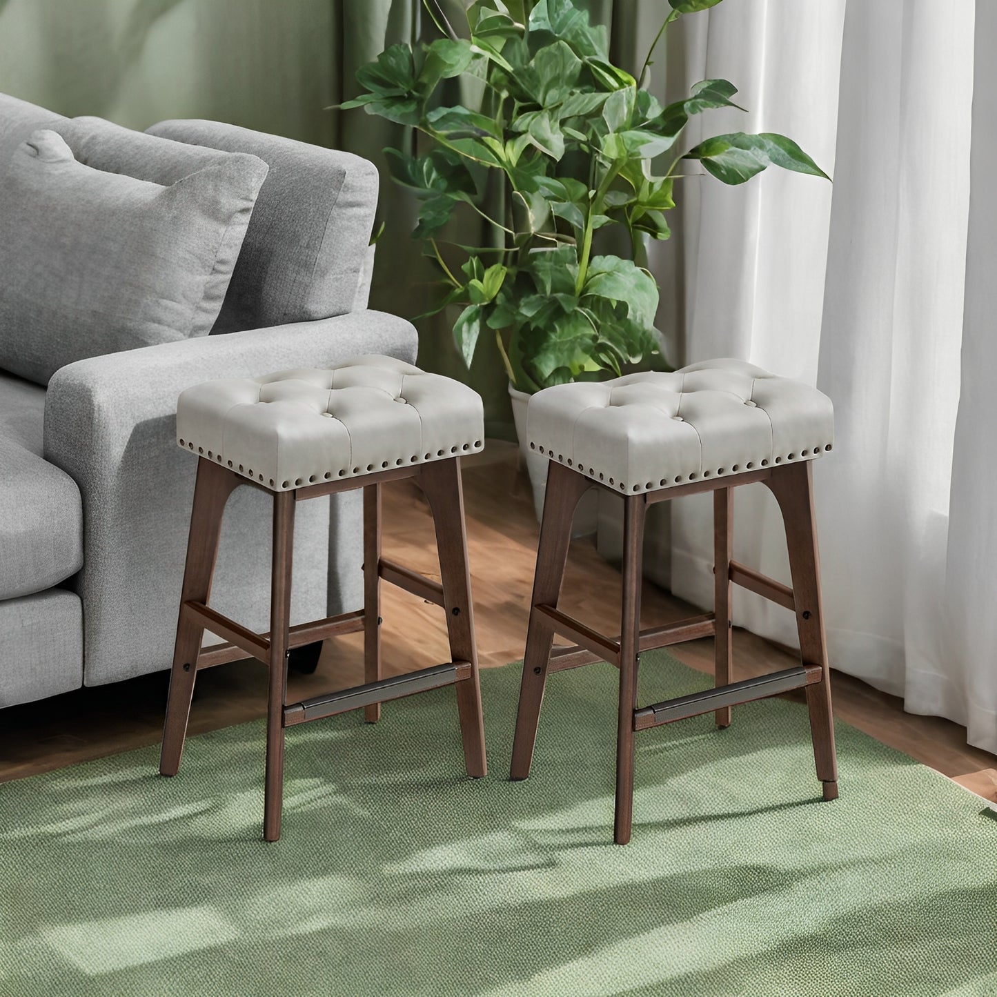 LEDREM Counter Height Bar Stools Set of 2 - 26" Backless PU Leather Stools with Wood Legs & Footrest, for Kitchen Island & Dining, Taupe