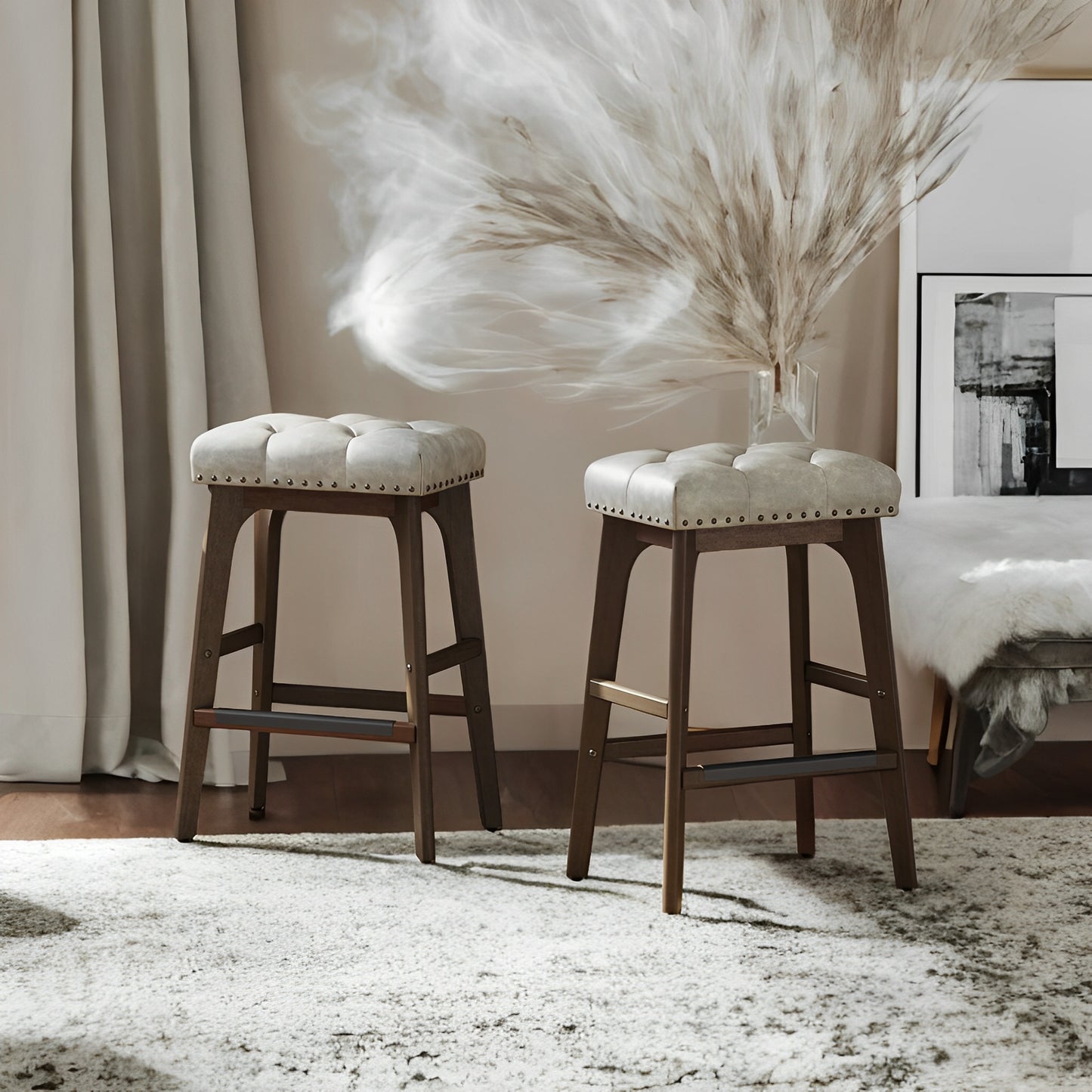 LEDREM Counter Height Bar Stools Set of 2 - 26" Backless PU Leather Stools with Wood Legs & Footrest, for Kitchen Island & Dining, Taupe