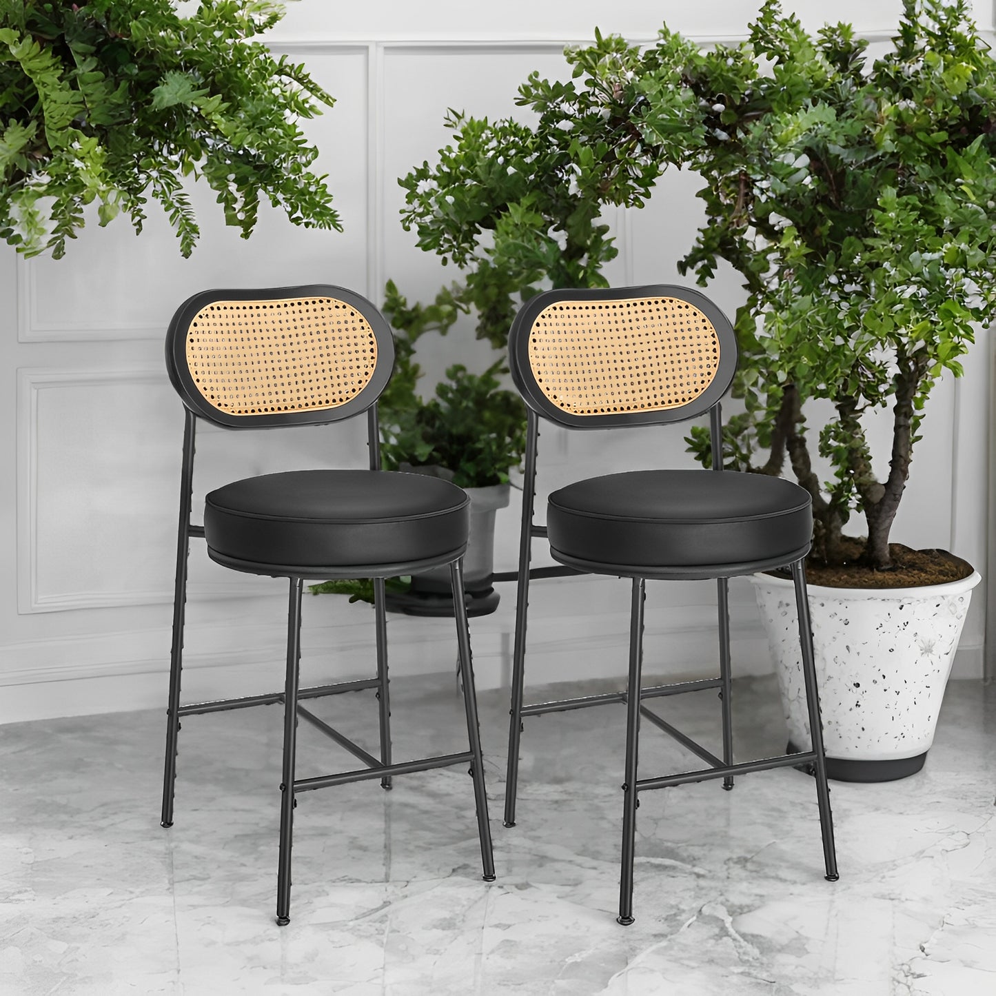 LEDREM 2-Pack Bar Stools - Rattan Back & Metal Legs, 25.1" Height, Ergonomic Support, Leveling Feet, Modern Boho Style, Ink Black