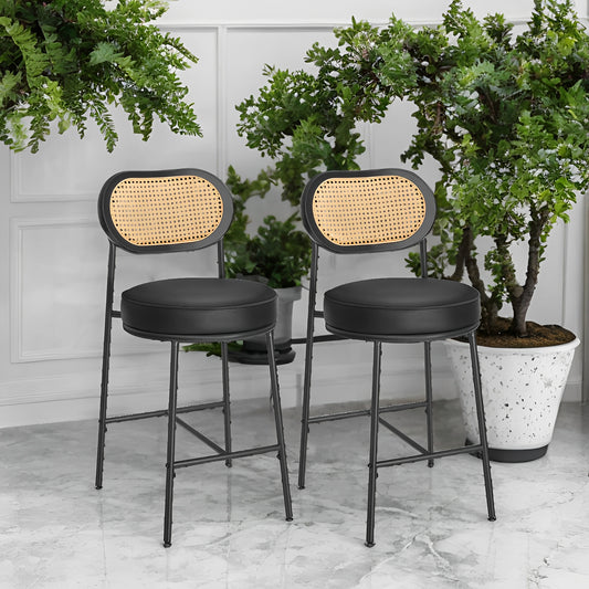 LEDREM 2-Pack Bar Stools - Rattan Back & Metal Legs, 25.1" Height, Ergonomic Support, Leveling Feet, Modern Boho Style, Ink Black