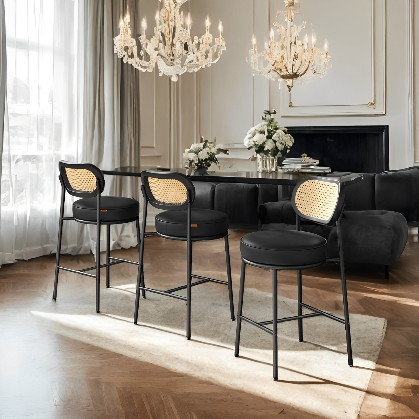 LEDREM 2-Pack Bar Stools - Rattan Back & Metal Legs, 25.1" Height, Ergonomic Support, Leveling Feet, Modern Boho Style, Ink Black