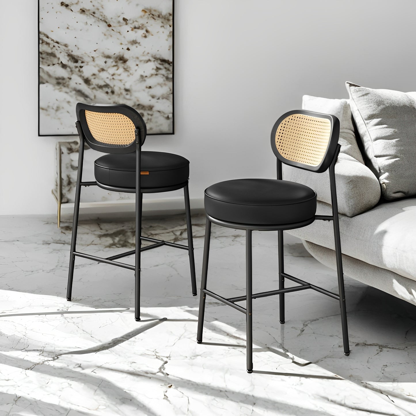 LEDREM 2-Pack Bar Stools - Rattan Back & Metal Legs, 25.1" Height, Ergonomic Support, Leveling Feet, Modern Boho Style, Ink Black