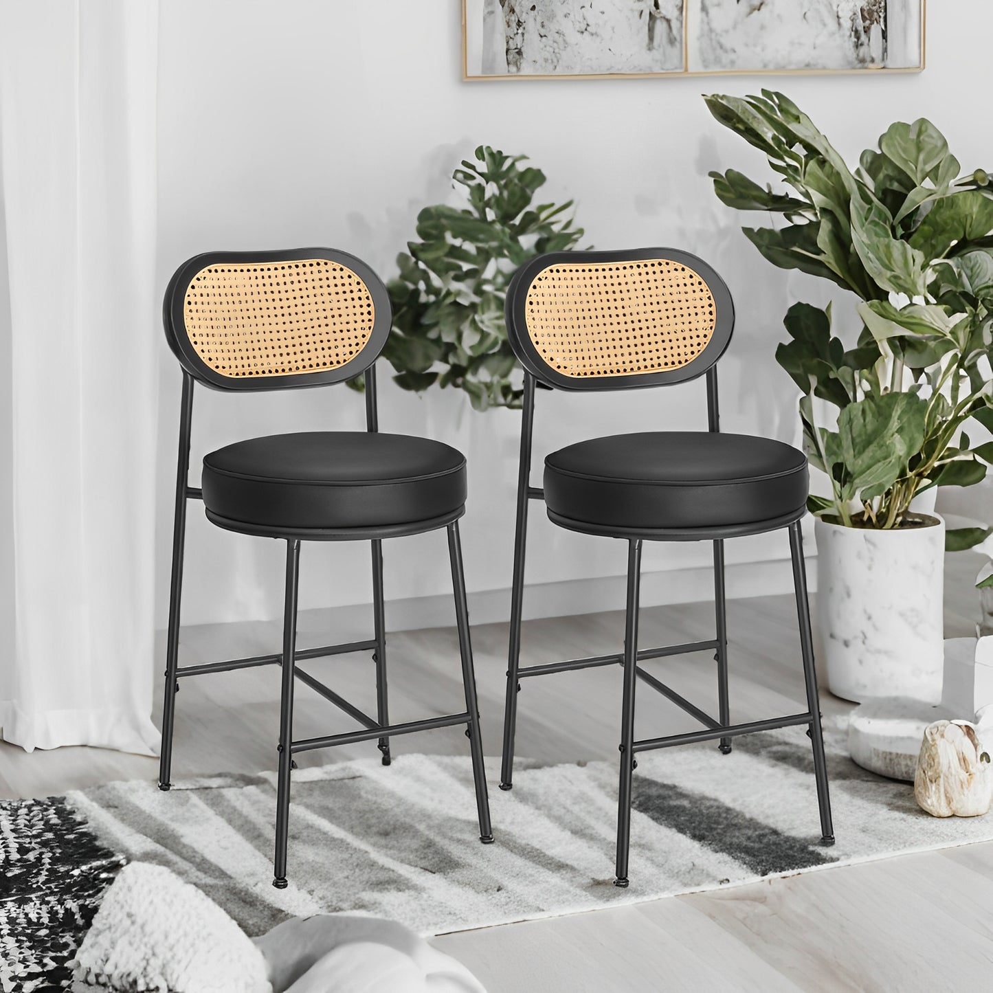 LEDREM 2-Pack Bar Stools - Rattan Back & Metal Legs, 25.1" Height, Ergonomic Support, Leveling Feet, Modern Boho Style, Ink Black