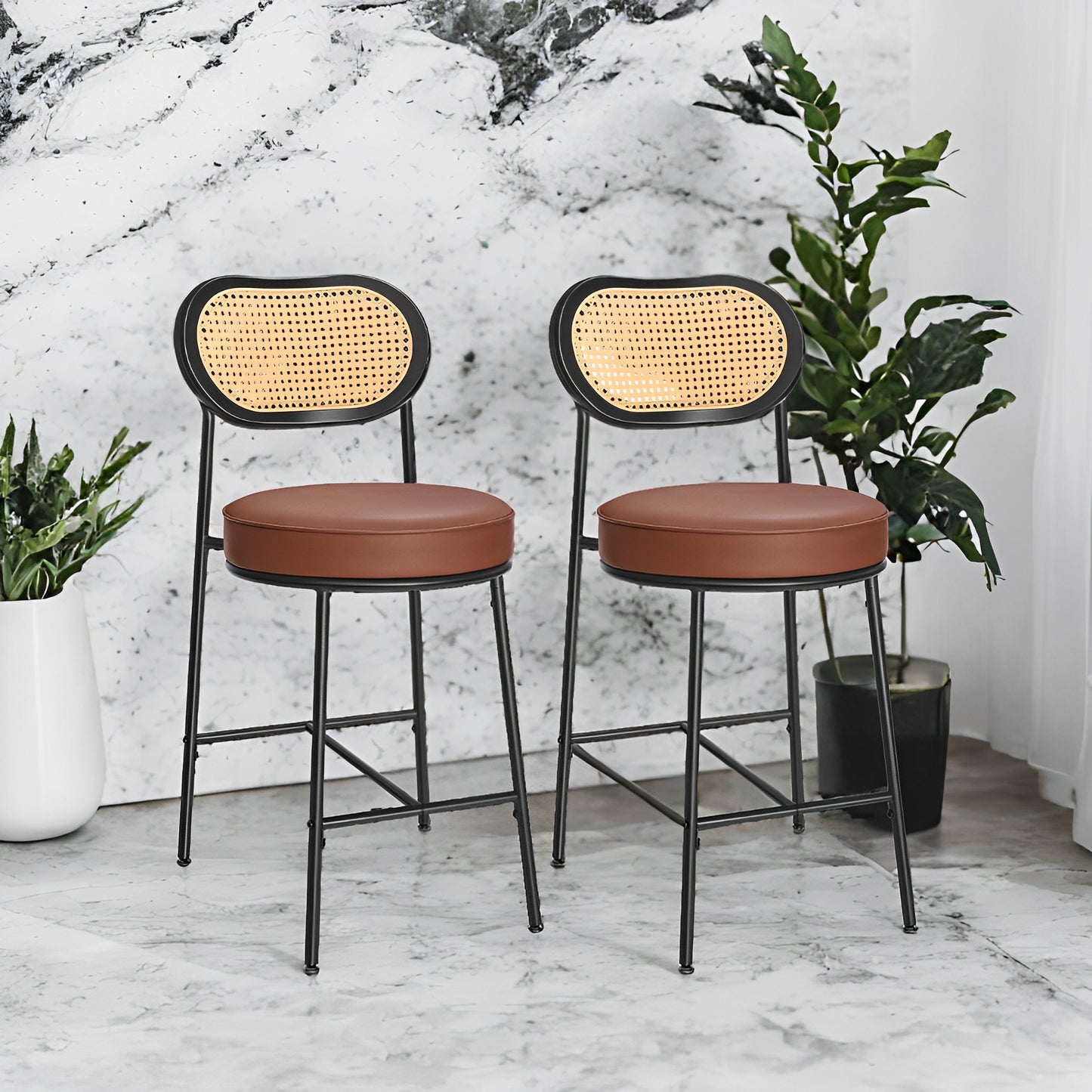 LEDREM 2-Pack Boho Bar Stools - Rattan Back & Metal Legs, 25.1" Height, Ergonomic Support, Leveling Feet, Caramel Brown
