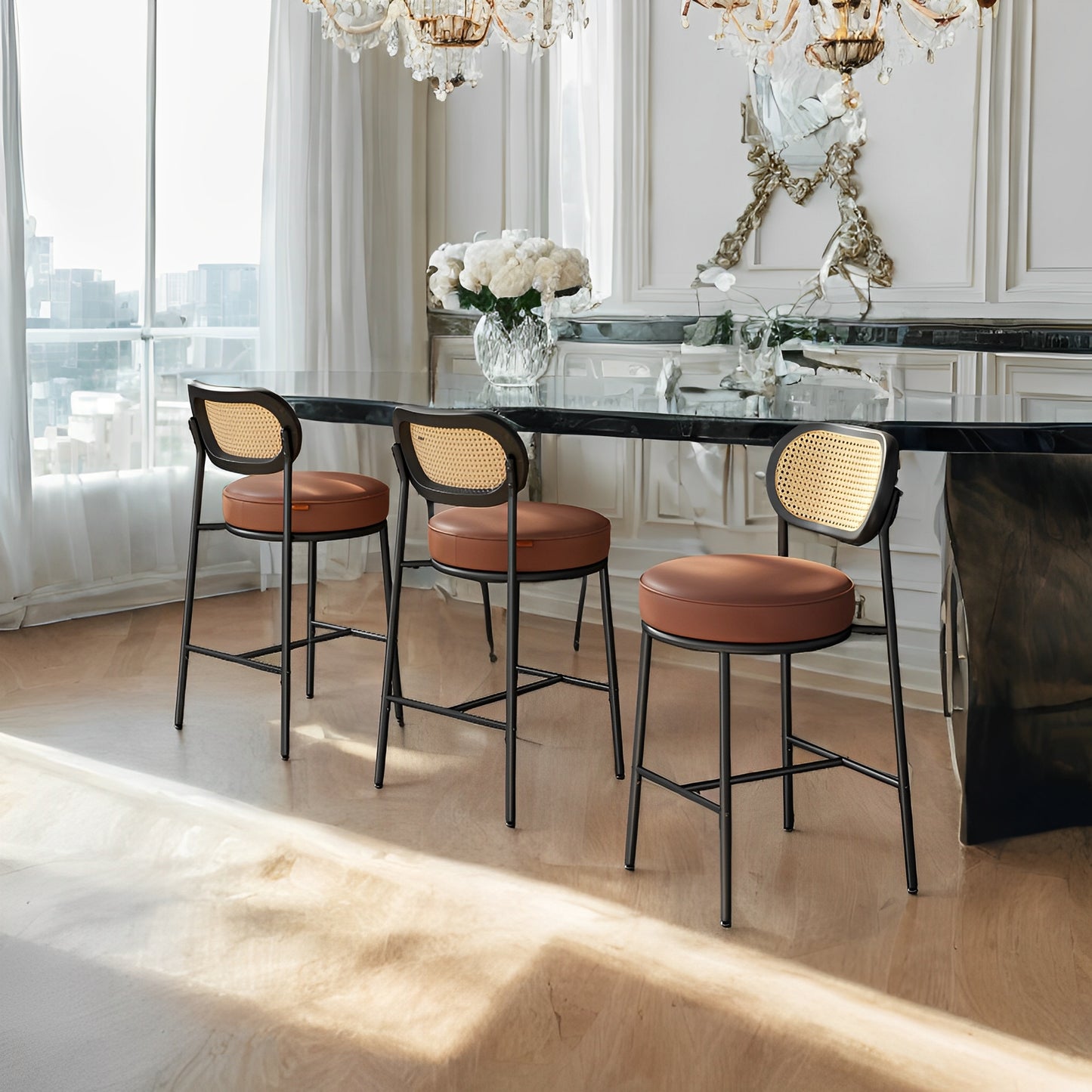 LEDREM 2-Pack Boho Bar Stools - Rattan Back & Metal Legs, 25.1" Height, Ergonomic Support, Leveling Feet, Caramel Brown