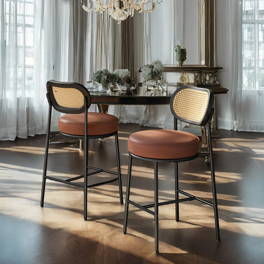 LEDREM 2-Pack Boho Bar Stools - Rattan Back & Metal Legs, 25.1" Height, Ergonomic Support, Leveling Feet, Caramel Brown
