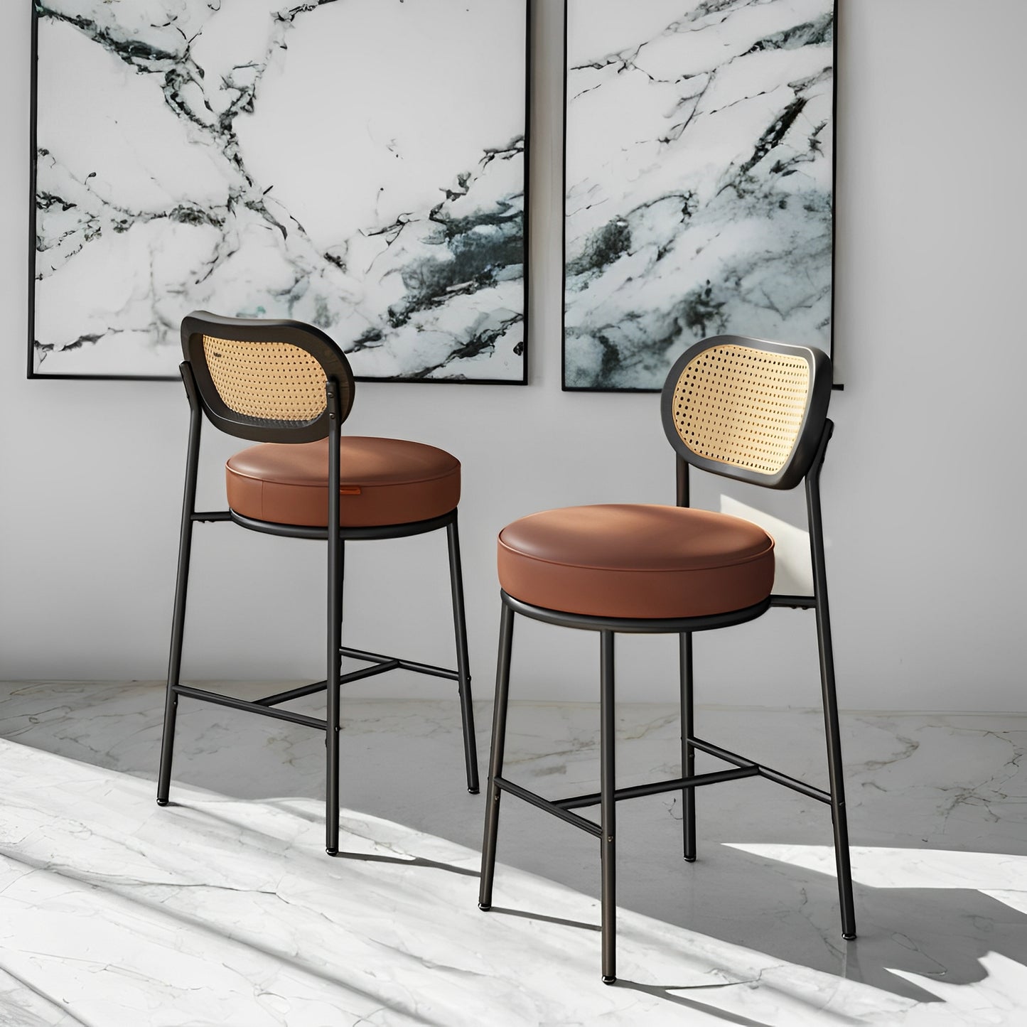 LEDREM 2-Pack Boho Bar Stools - Rattan Back & Metal Legs, 25.1" Height, Ergonomic Support, Leveling Feet, Caramel Brown