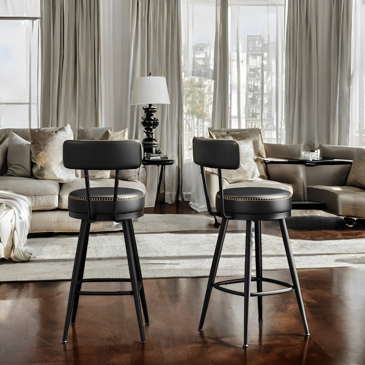 LEDREM 2-Pack Swivel Bar Stools - Award-Winning Design, 360° Rotation, 3.1" Cushion, Leveling Feet, Mid-Century Modern, Ink Black