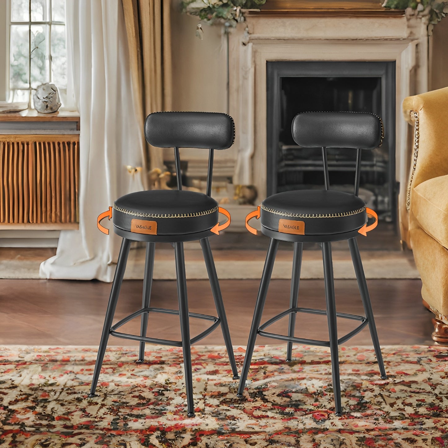 LEDREM 2-Pack Swivel Bar Stools - Award-Winning Design, 360° Rotation, 3.1" Cushion, Leveling Feet, Mid-Century Modern, Ink Black