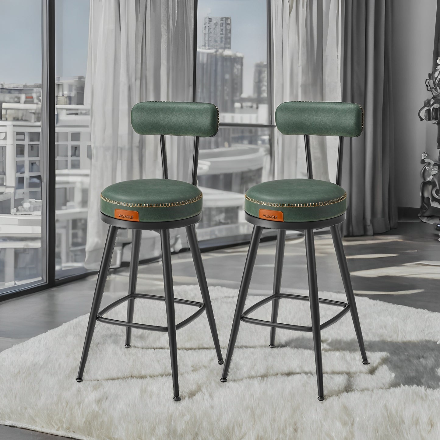LEDREM 2-Pack Award-Winning Bar Stools - 360° Swivel, 3.1" Plush Seat, Mid-Century Design, Scratch-Resistant, Forest Green