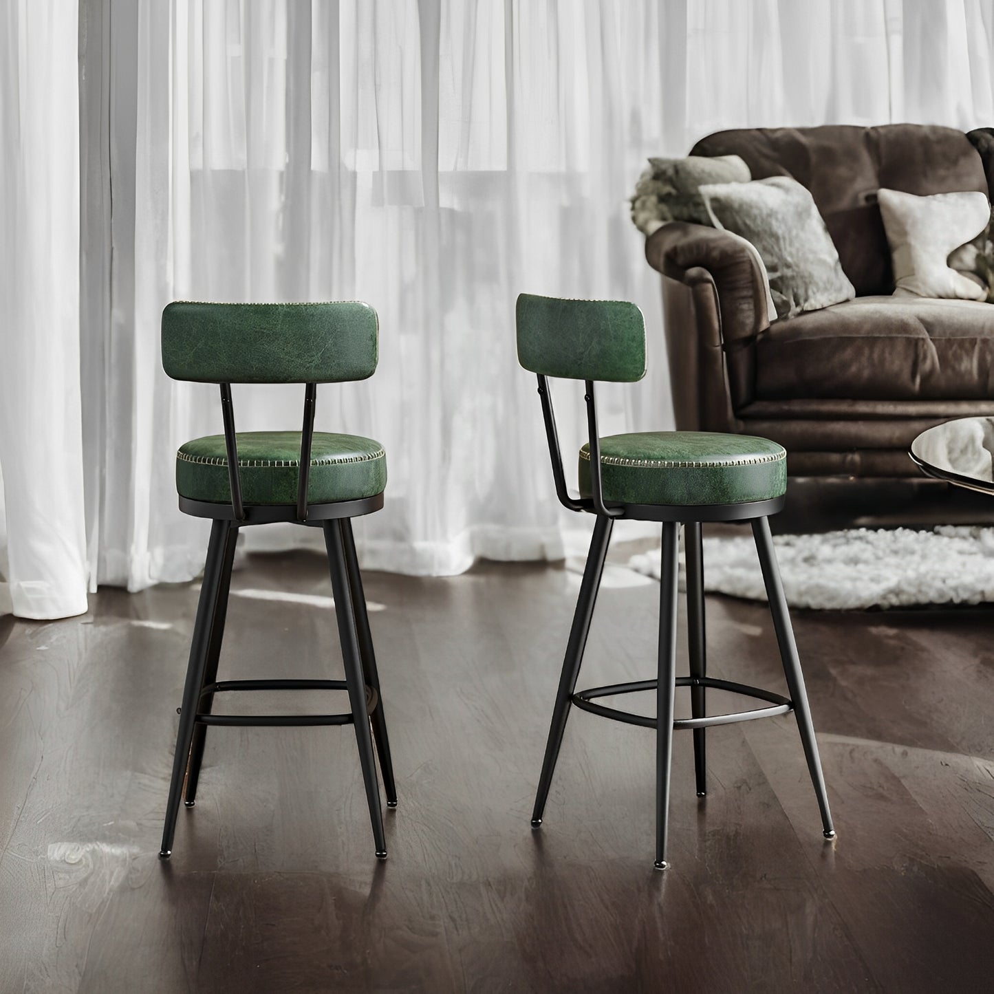 LEDREM 2-Pack Award-Winning Bar Stools - 360° Swivel, 3.1" Plush Seat, Mid-Century Design, Scratch-Resistant, Forest Green