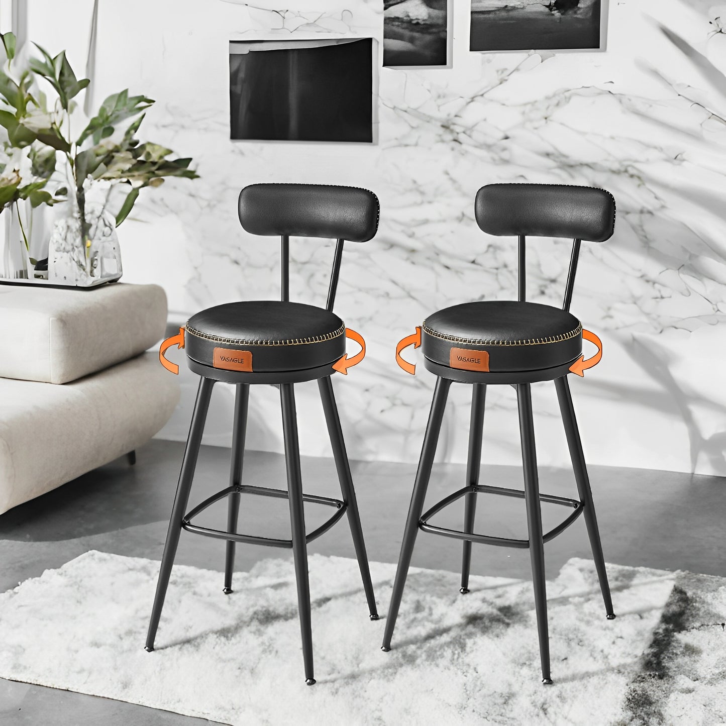 LEDREM 2-Pack Swivel Bar Stools - Award-Winning Design, 360° Rotation, 3.1" Cushion, Leveling Feet, Mid-Century Modern, Ink Black
