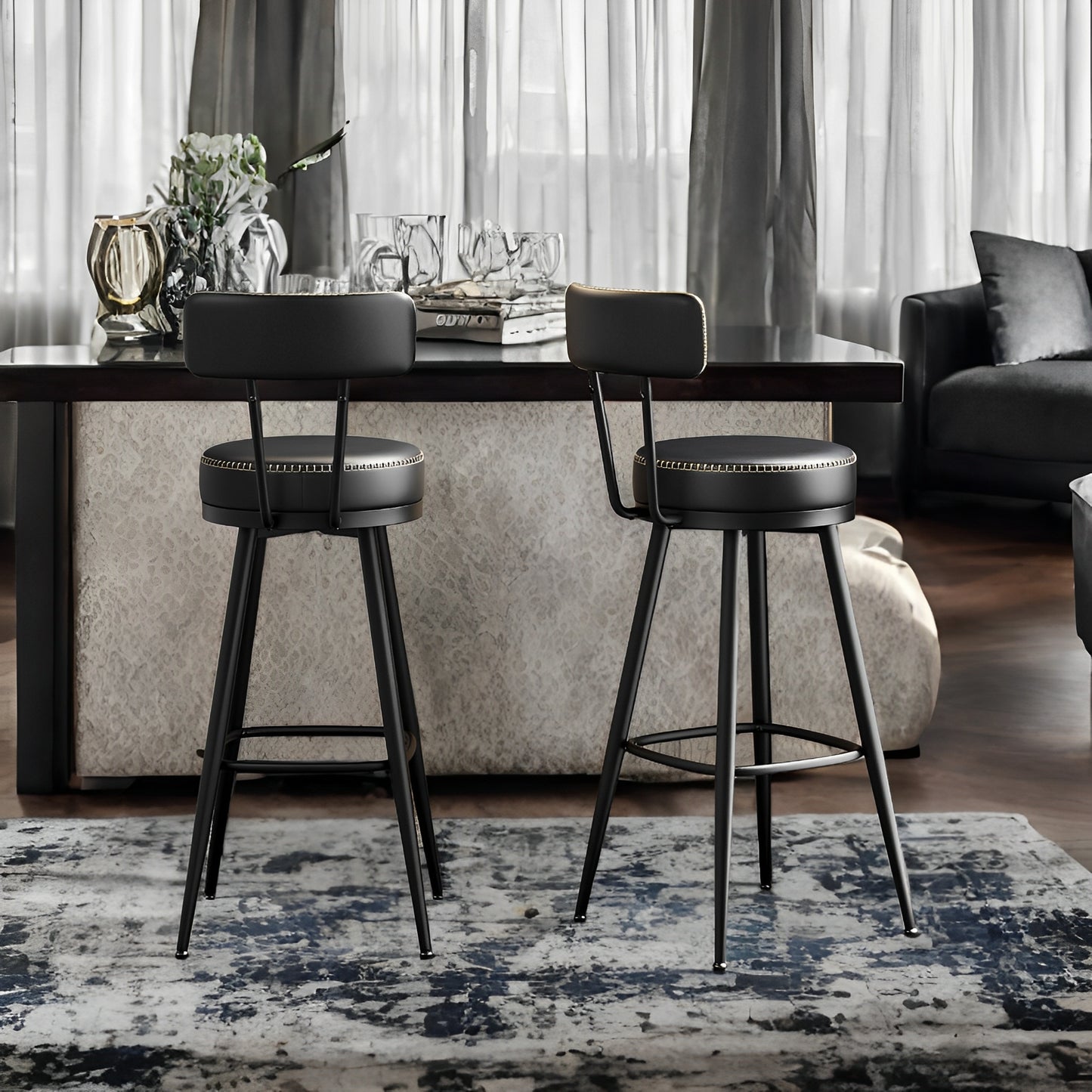 LEDREM 2-Pack Swivel Bar Stools - Award-Winning Design, 360° Rotation, 3.1" Cushion, Leveling Feet, Mid-Century Modern, Ink Black