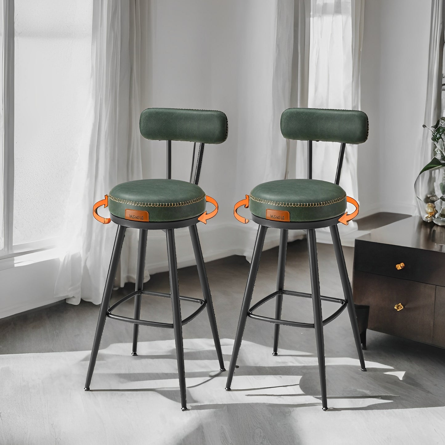 LEDREM 2-Pack Award-Winning Bar Stools - 360° Swivel, 3.1" Plush Seat, Mid-Century Design, Scratch-Resistant, Forest Green