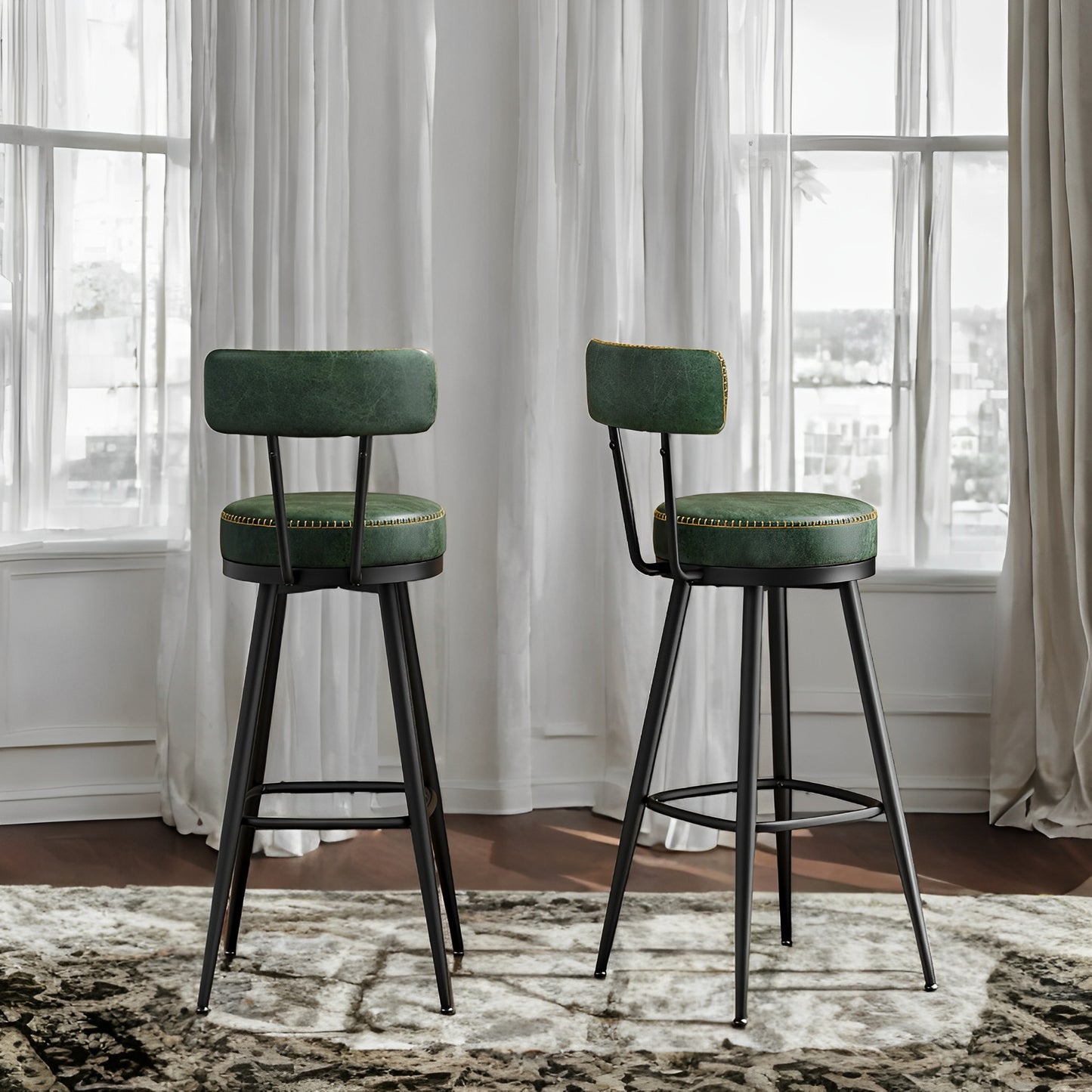 LEDREM 2-Pack Award-Winning Bar Stools - 360° Swivel, 3.1" Plush Seat, Mid-Century Design, Scratch-Resistant, Forest Green
