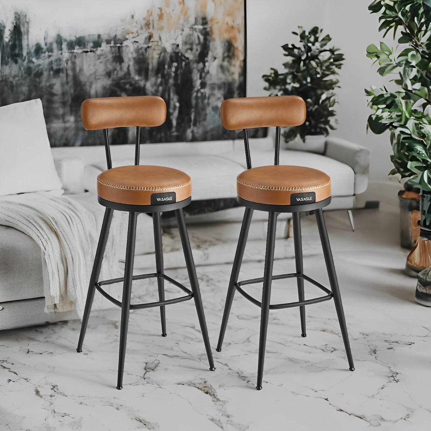 LEDREM 2-Pack Swivel Bar Stools - Award-Winning Design, 360° Rotation, 3.1" Cushion, Leveling Feet, Mid-Century, Caramel Brown