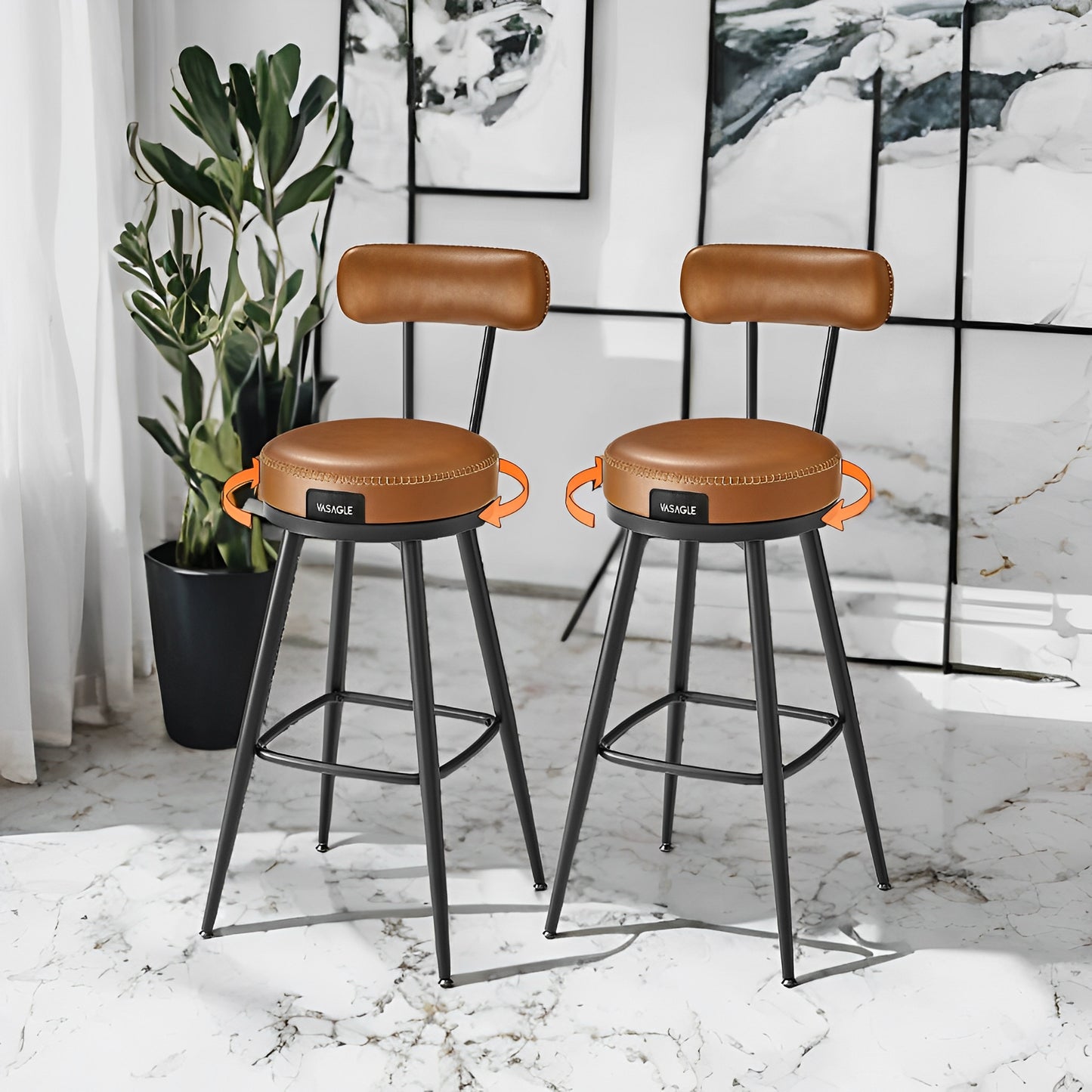 LEDREM 2-Pack Swivel Bar Stools - Award-Winning Design, 360° Rotation, 3.1" Cushion, Leveling Feet, Mid-Century, Caramel Brown