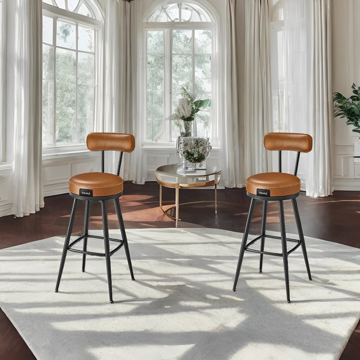 LEDREM 2-Pack Swivel Bar Stools - Award-Winning Design, 360° Rotation, 3.1" Cushion, Leveling Feet, Mid-Century, Caramel Brown