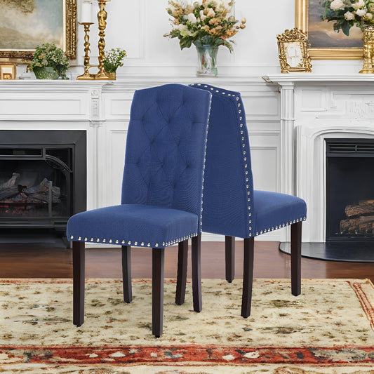 LEDREM 2-Pack High Back Dining Chairs - Tufted Upholstered, Solid Wood Legs, Adjustable Feet, 242lb Capacity, Cotton-Linen, Blue