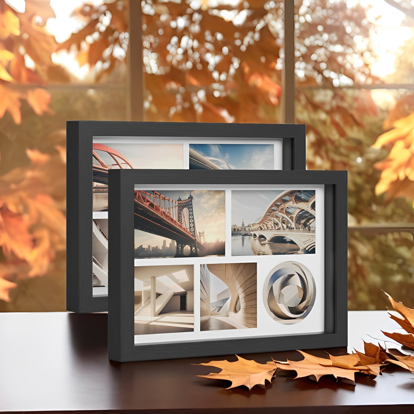 LEDREM Set of 2 Collage Picture Frames - 6 Mats Included, Shadow Box Display, Multi-Photo Layouts, Wall or Tabletop, Ash Black
