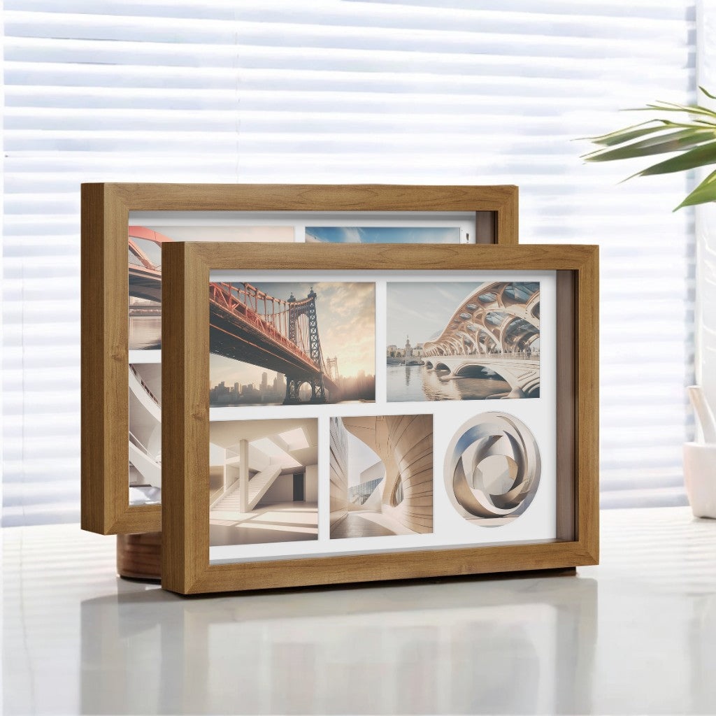 LEDREM Set of 2 Collage Picture Frames - 6 Mats Included, Shadow Box Display, Multi-Photo Layouts, Wall or Tabletop, Teak Brown
