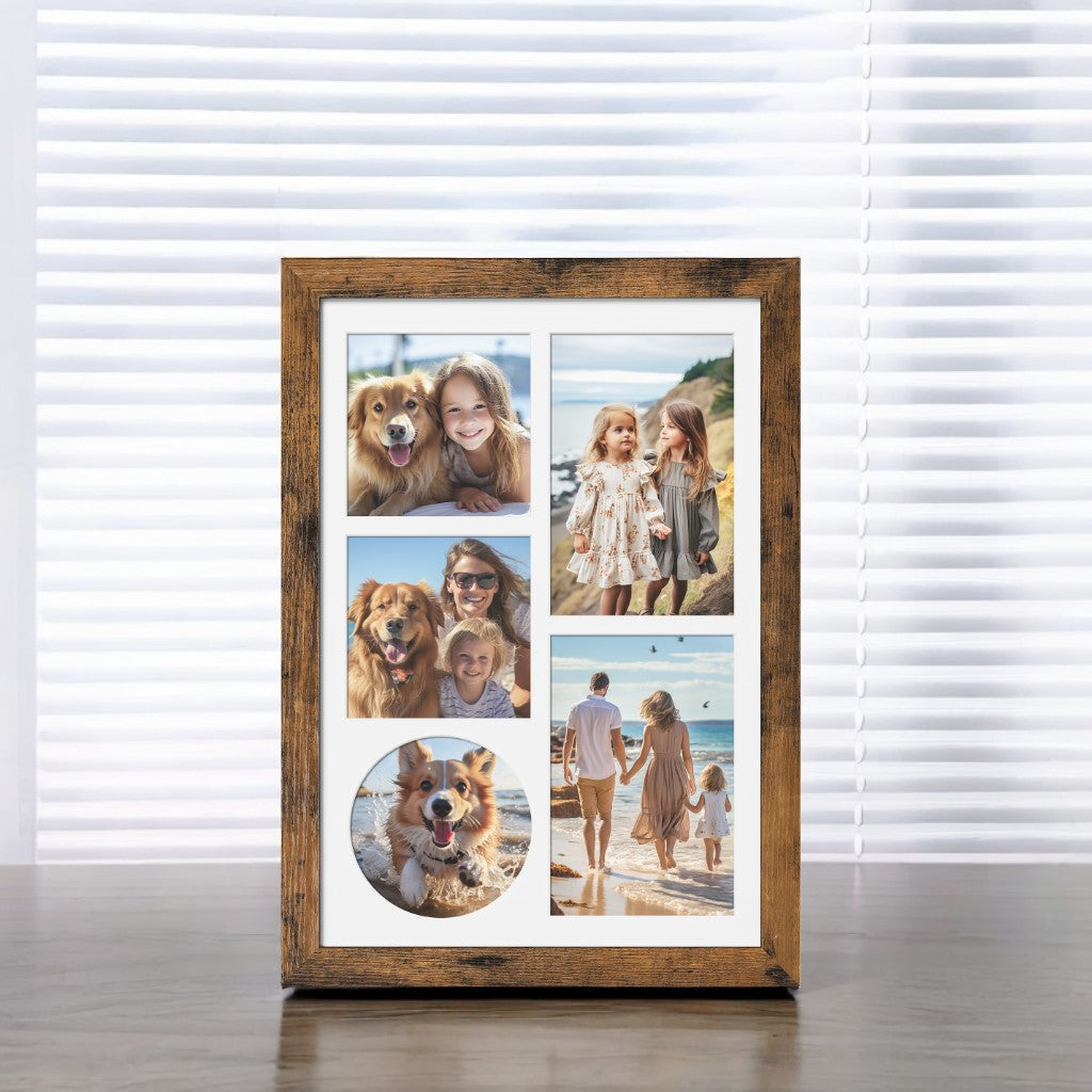 LEDREM Multi-Photo Collage Frame with 3 Mats - Hanging/Tabletop Display for 4x6 & 4x4 Pictures, Glass Front, Non-Trace Nails, Rustic Brown