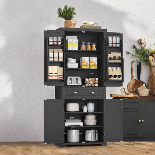 71.7" Farmhouse Pantry Cabinet with Drawer - 2 Cabinets, 4 Adjustable Shelves, 6 Door Shelves, 60lb Capacity, Anti-Tip Kit, Ink Black