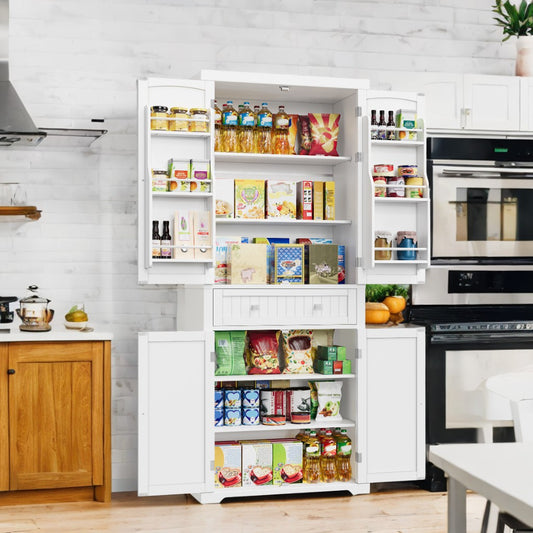 71.7" Farmhouse Pantry Cabinet with Drawer - 2 Spacious Cabinets, 6 Door Shelves & 4 Adjustable Shelves, Easy Assembly, White