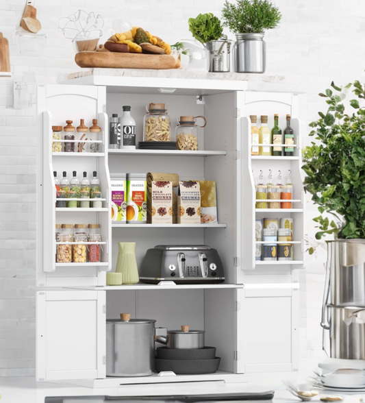 53.5" Farmhouse Pantry Cabinet - Freestanding Storage with 2 Adjustable Shelves & 6 Door Racks, Easy Assembly, White