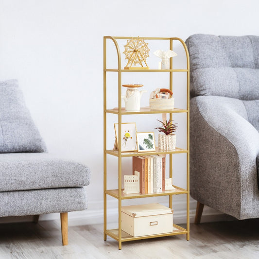 5-Tier Curved Bookshelf - Tempered Glass Shelves & Steel Frame, 22lb Capacity, Minimalist Display Case, Easy Assembly, Pale Gold and Transparent