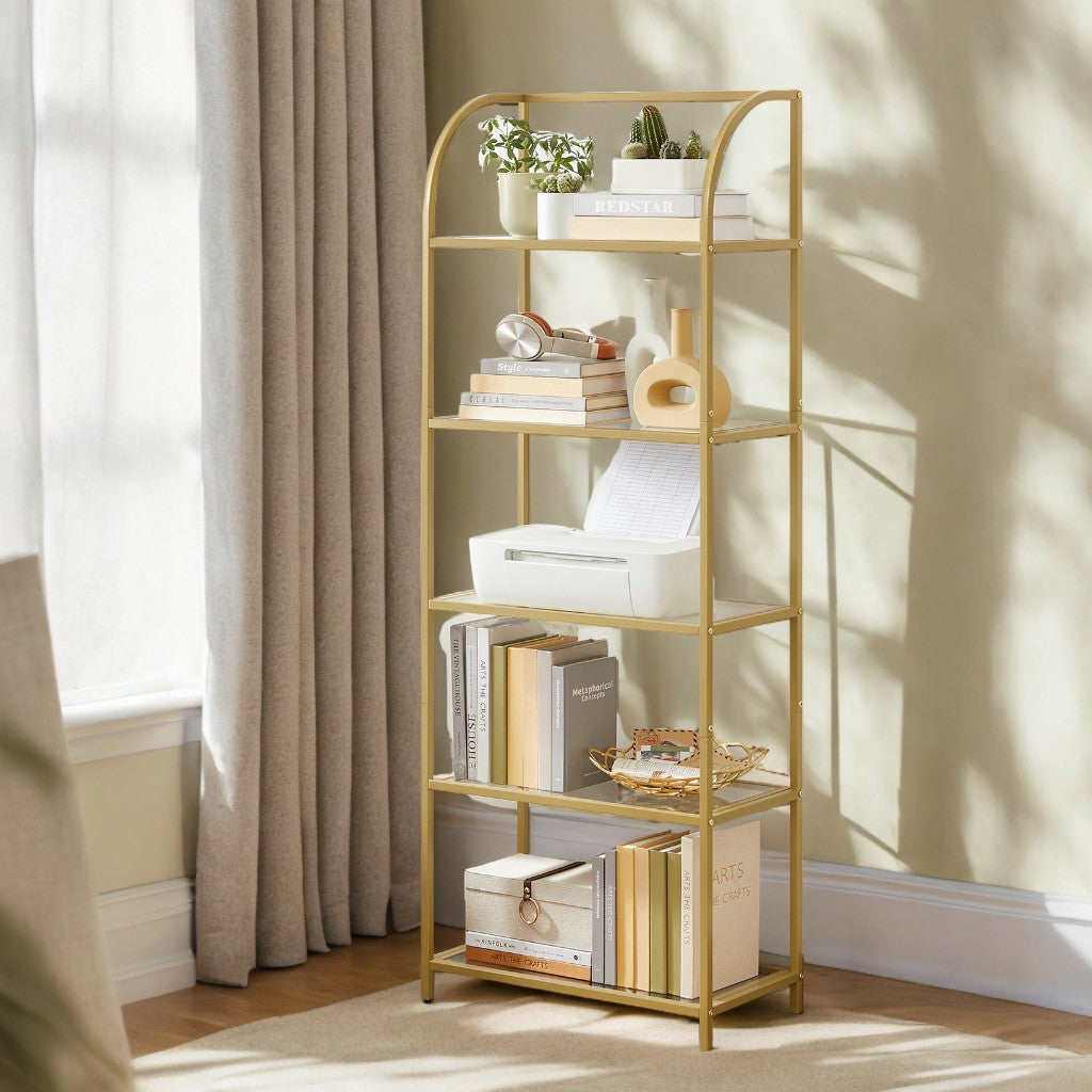 5-Tier Curved Bookshelf - Tempered Glass Shelves & Steel Frame, 22lb Capacity, Minimalist Display Case, Easy Assembly, Pale Gold and Transparent