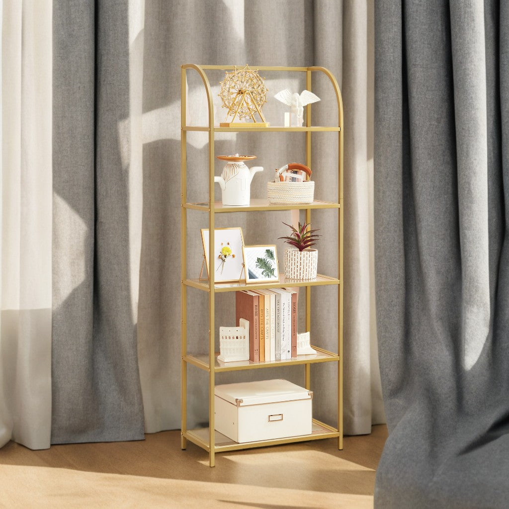 5-Tier Curved Bookshelf - Tempered Glass Shelves & Steel Frame, 22lb Capacity, Minimalist Display Case, Easy Assembly, Pale Gold and Transparent