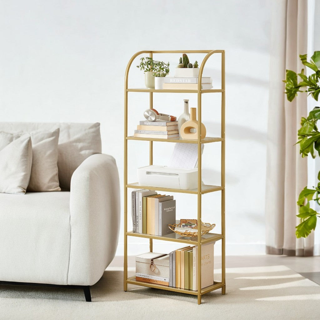5-Tier Curved Bookshelf - Tempered Glass Shelves & Steel Frame, 22lb Capacity, Minimalist Display Case, Easy Assembly, Pale Gold and Transparent