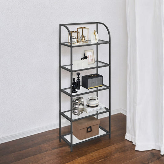 5-Tier Curved Bookshelf - Tempered Glass Shelves & Steel Frame, 22lb Capacity, Modern Display Case, Easy Assembly, Ink Black and Transparent