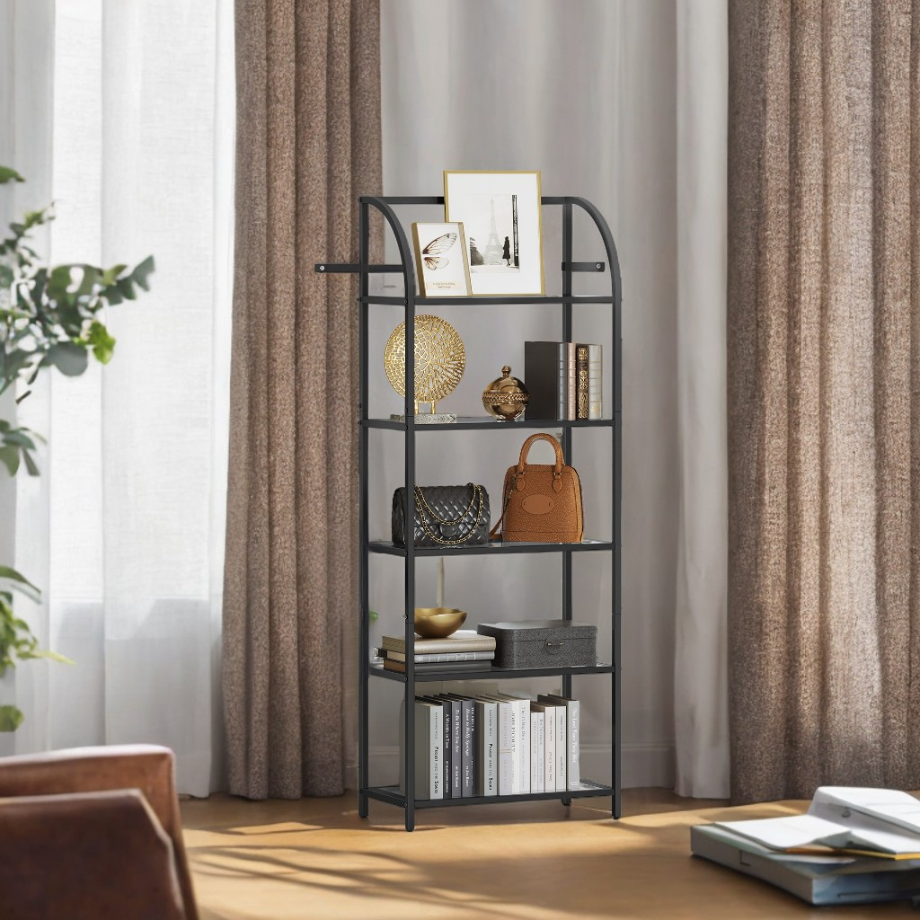 5-Tier Curved Bookshelf - Tempered Glass Shelves & Steel Frame, 22lb Capacity, Modern Display Case, Easy Assembly, Ink Black and Transparent
